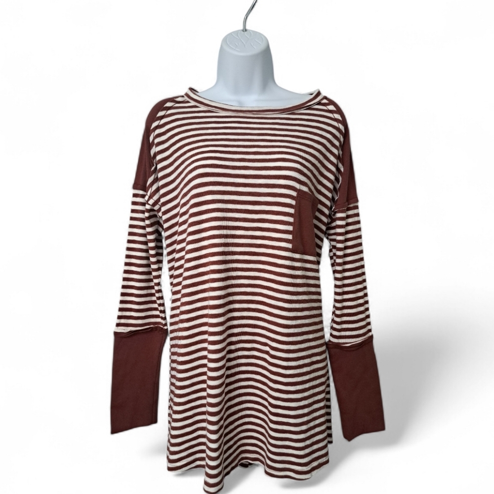 Easel Stretchy Long Sleeve Stripe Tunic Brown/White Top Size M
